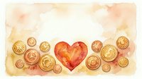 Watercolor heart surrounded by golden coins on warm beige background, symbolizing love, wealth, and financial prosperity with copy space.
