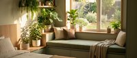 Cozy window seat with green plants, cushions, and natural light for home decor, interior design, and relaxation space styling.
