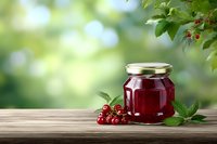 Homemade red currant jam in glass jar on wooden table with fresh berries and green leaves against blurred garden background.