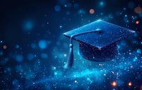 Graduation cap with digital network connections glowing in deep blue space with bokeh lights and particles, symbolizing academic achievement and future opportunities.