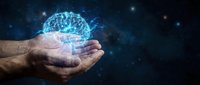Hands holding glowing digital brain with neural networks against starry space background representing artificial intelligence and futuristic technology concepts.
