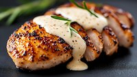 Sliced grilled chicken breast with creamy white sauce and fresh rosemary garnish on dark background, close up view of juicy meat with crispy pepper crust.