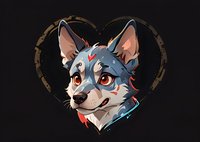 Stylized wolf portrait in heart frame with red and blue color scheme on dark background, digital art character design for gaming and fantasy illustrations.