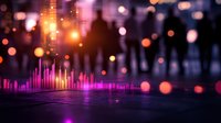 Audio visualization bars glowing in neon pink and orange against blurred urban nightlife background with bokeh lights creating atmospheric mood.