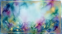 Watercolor floral composition with vibrant blooms in purple, blue, yellow and pink tones flowing across white center space, ornate gold decorative border frame.