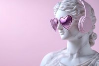 Classical marble bust wearing pink heart-shaped sunglasses and headphones against pink background, modern pop art interpretation of ancient sculpture.
