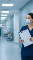 Female nurse in blue scrubs and face mask holds clipboard in busy hospital corridor, healthcare professional at work.