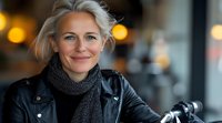 Confident mature blonde woman in leather jacket and scarf smiling outdoors on autumn evening, urban lifestyle portrait with bokeh lights background.