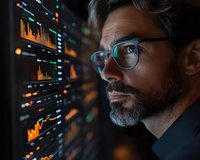 Middle-aged Caucasian male trader with glasses and gray beard analyzing financial market data on digital screens with stock charts and trading indicators in dark room.