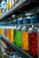 Colorful glass bottles filled with vibrant beads and spheres arranged on laboratory shelves for scientific research and educational experiments.
