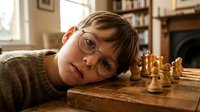 Young boy with glasses resting head on wooden chess board in cozy home library setting with warm natural lighting for educational content.