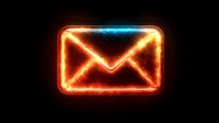 Glowing neon mail envelope icon with orange and blue light effects on black background, digital communication symbol for apps and web design.