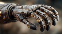 Futuristic robotic hand with metallic bronze finish and glowing orange lights showcasing advanced artificial intelligence and cybernetic technology design.