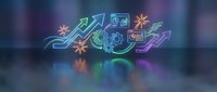 Neon glowing business growth arrows with gears and charts on blurred background for corporate presentations and financial reports.