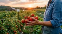 Farmer holding fresh ripe tomatoes at sunset in organic vegetable garden. Agricultural harvest concept for healthy food production and sustainable farming.