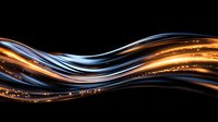 Glowing orange and blue wavy lines with sparkles on black background create dynamic abstract pattern for modern technology designs and presentations.