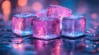 Glowing ice cubes with pink and blue neon lighting on wet surface against blurred bokeh background create atmospheric mood for cocktail and beverage photography.