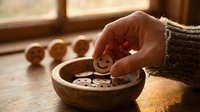 Hand picking a wooden smiley face token from a bowl, with blurred emoji faces in background, symbolizing positivity and choice.