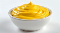 Creamy yellow mustard sauce in white ceramic bowl, smooth texture with swirled peaks for gourmet food preparation.