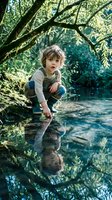 Curious young boy crouching by clear stream water touching surface with reflection under willow branches in natural forest setting for outdoor adventure concepts.