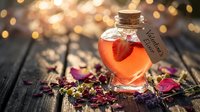 Heart-shaped glass bottle with orange potion surrounded by dried flowers and herbs on rustic wooden surface with warm bokeh lights background.