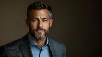 Confident mature Caucasian businessman with gray hair and beard wearing blue shirt and gray blazer against dark background, professional corporate headshot portrait.