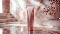 Pink metallic cosmetic tube on rose gold reflective surface with soft bokeh lights and floral elements. Luxury skincare product photography for beauty industry.