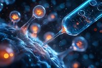 Futuristic medical concept showing syringe injecting glowing substance into cells, illustrating advanced cellular therapy or genetic research in dark blue environment.