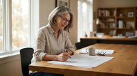 Mature Caucasian businesswoman with gray hair and glasses writing documents at wooden desk in bright home office for professional planning and paperwork.