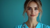 Young Caucasian woman with blonde hair in updo style and natural makeup wearing turquoise sweater against teal background, soft lighting creates professional portrait atmosphere.
