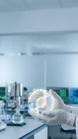 Scientist in white gloves holding glowing globe with digital network pattern in modern laboratory setting with blurred equipment and monitors.