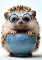 Adorable hedgehog wearing blue round glasses peeking out from behind blue ceramic bowl against white background, creating whimsical and playful mood for greeting cards.