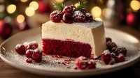 Elegant red velvet cake slice topped with fresh cranberries and rosemary garnish on white plate with festive bokeh lights background for holiday celebrations.