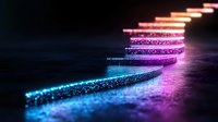 Glowing neon curved lines with sparkle effect on dark background, futuristic light trail in blue and pink colors creating dynamic perspective composition.