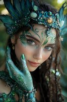 Fantasy forest nymph with ornate teal crown and face paint poses gracefully. Mystical woodland fairy character with elaborate headdress for creative projects.