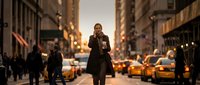 Young woman with medium skin tone wearing a dark coat and holding a coffee cup, standing confidently on a busy urban street during golden hour with yellow taxis and pedestrians in the background.
