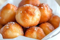 Fresh homemade sugar-coated donut holes served in white paper, close up view of golden brown fried dough balls dusted with powdered sugar for dessert menu.