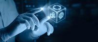 Businessman touching glowing holographic cube with global network icons in futuristic digital technology concept for business innovation and connectivity.