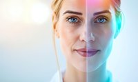 Caucasian woman's face split in two with contrasting lighting effects - warm sunlight and cool blue tones creating artistic duality concept for wellness and transformation.