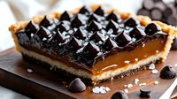 Decadent salted caramel tart topped with dark chocolate chips in geometric pattern, drizzled with caramel sauce on rustic wooden surface, sprinkled with sea salt.