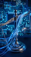Digital justice scales with glowing blue data streams against circuit board background representing cyber law and technology legal concepts.