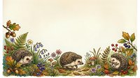Hedgehogs surrounded by wildflowers, ferns, and mushrooms in natural woodland setting. Vintage botanical illustration style with detailed foliage and berries for nature-themed designs.
