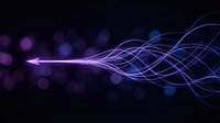 Abstract purple and blue flowing light waves on dark background with bokeh effects for digital technology and energy concepts.