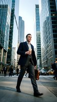 Confident Caucasian businessman walking through urban financial district, holding coffee and leather briefcase, surrounded by glass skyscrapers.
