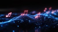 Glowing pink musical notes floating over abstract blue wave of sparkling particles against dark background, creating magical atmosphere for music concepts.
