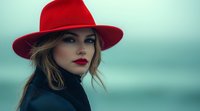 Young woman wearing bright red hat and dark turtleneck sweater against blurred turquoise background. Dramatic portrait with red lipstick and windswept hair creates mysterious mood.