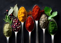 Colorful spices and herbs in silver spoons on dark background - cumin, peppercorns, paprika, turmeric, caraway seeds and parsley powder arranged in row.