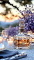 Crystal decanter with amber liquid surrounded by fresh lavender and glowing candles on lace tablecloth, creating romantic outdoor dining atmosphere at sunset.