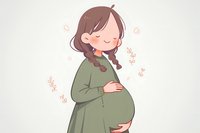 Gentle illustration of expectant Asian mother in green dress touching her belly with peaceful smile, surrounded by delicate floral elements on soft background.