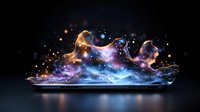 Cosmic nebula cloud formation emerging from smartphone screen with glowing particles and stellar dust effects for digital technology concepts.